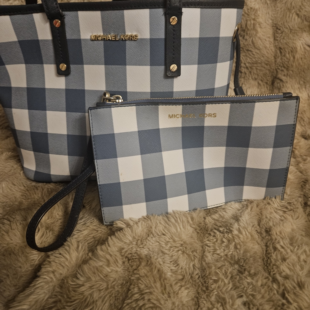 Michael Kors Blue Checkered Tote and Pouch